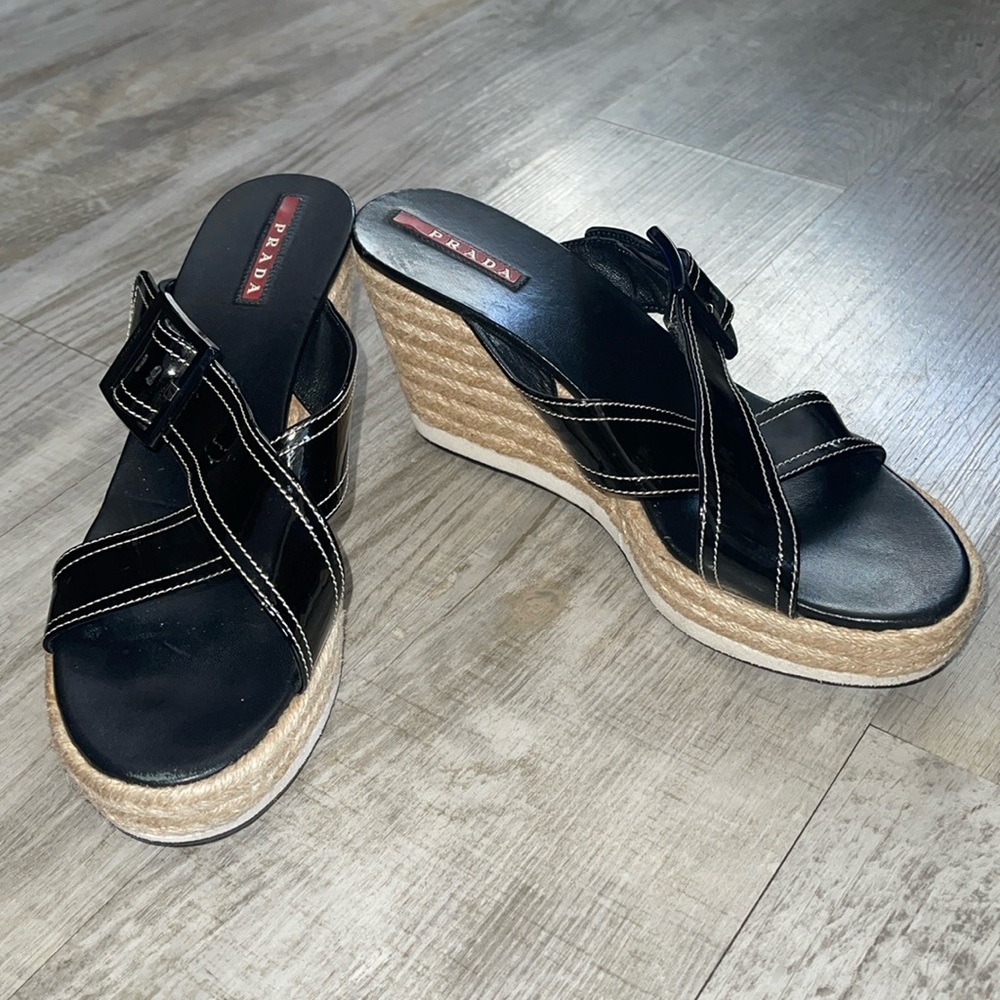 Prada platform wedges  size 38 USA (8) Black Patent Leather Calzature Donna